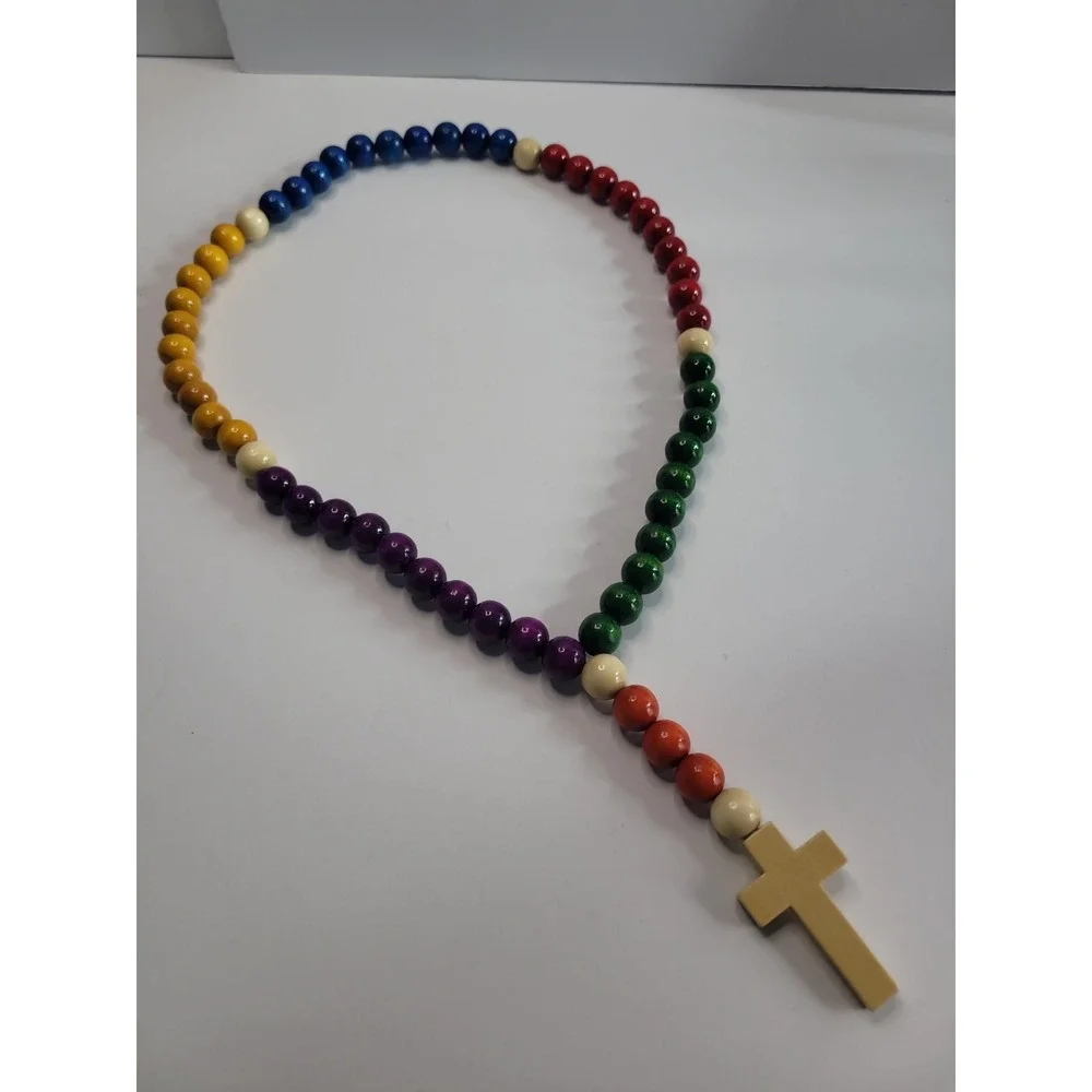 Multicolor Beaded Cross Necklace Chunky Rainbow Boho Statement Pendant
